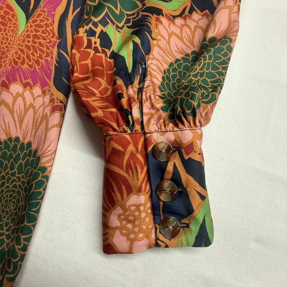 Farm Rio Floral Blouse XS Brazilian Designer Mock Neck Puff Sleeve Boho Statemen